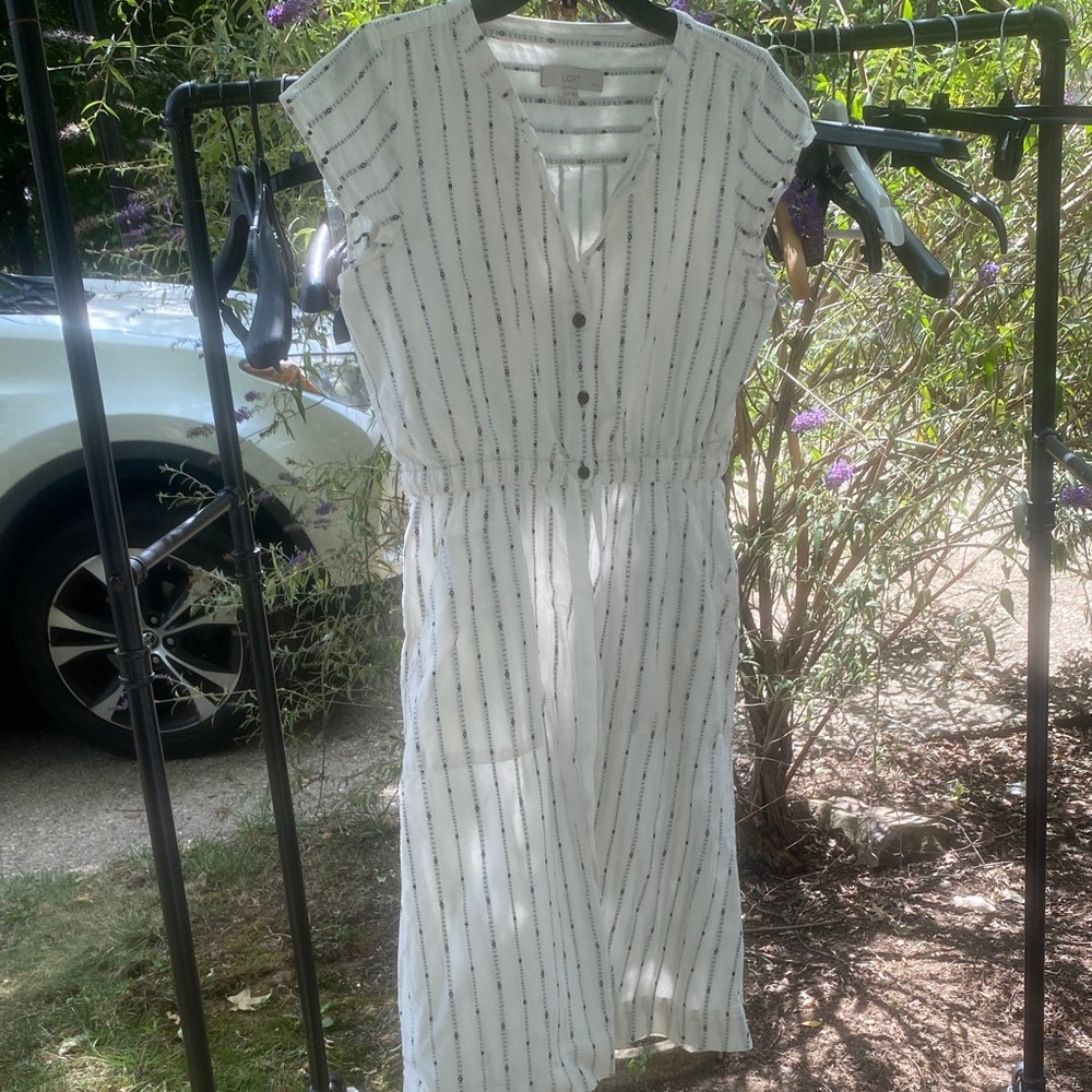 LOFT White and Black Striped Midi Dress
